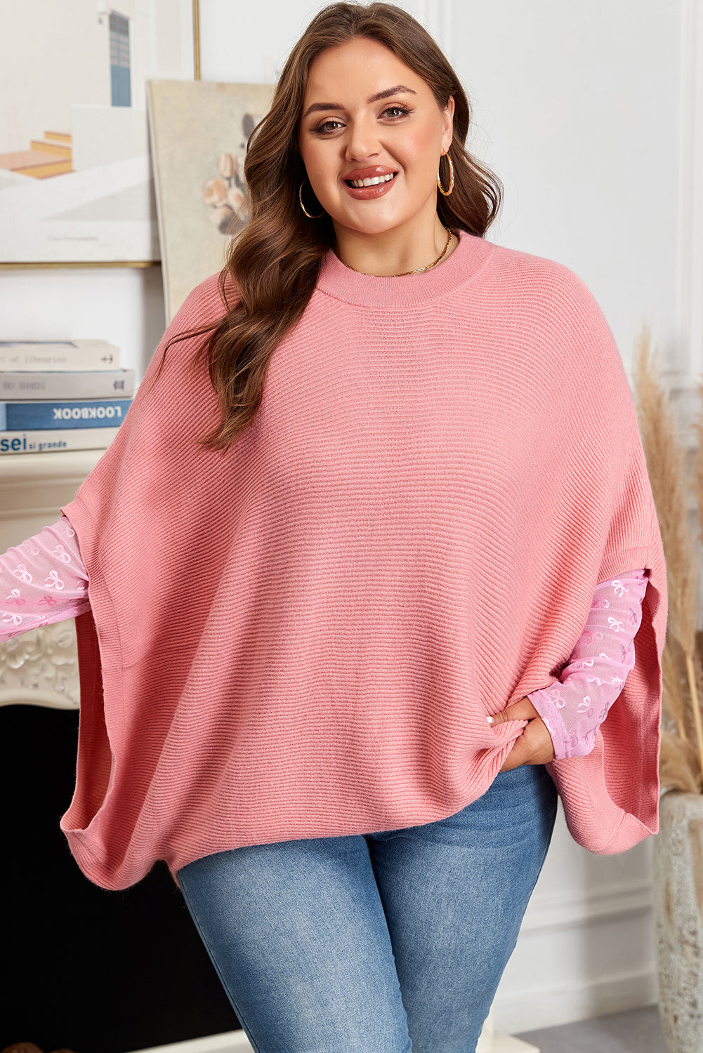 Light Pink Ribbed Knit Poncho Style Sweater Plus Size Dear-Lover Dropshipping